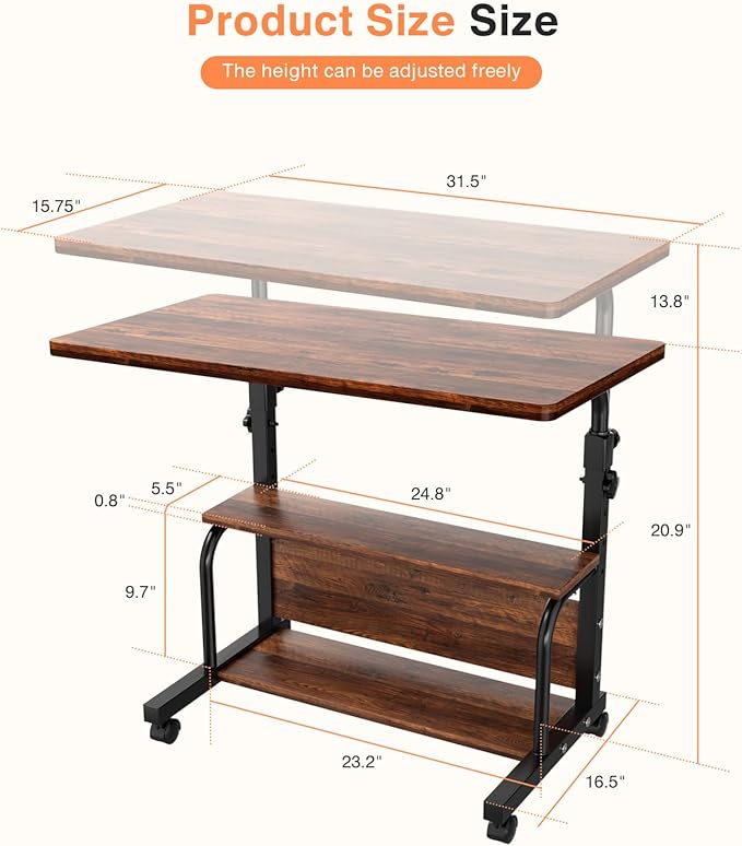 Portable Rolling Desk on Wheels Adjustable Height Desks for Small Spaces, 32" Computer Desk with Storage Shelves for Home Office Rustic
