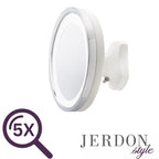 JERDON Wall Mounted White/Chrome Finish Makeup Mirror with LED Light – 5X Magnification – 9.75” Diameter –5.25” Pivot Extension – Direct Wire Only - Model HL95WL