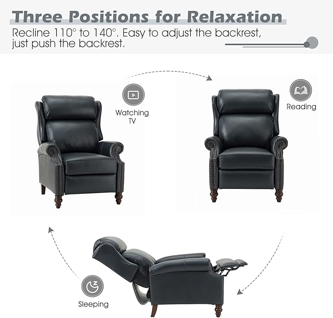 HULALA HOME Genuine Leather Recliner Chair, Traditional Manual Pushback Comfy Seating for Living Room, Thick Cushion & Solid Wood Legs, Wingback Recliner with Nailhead Trim, Navy