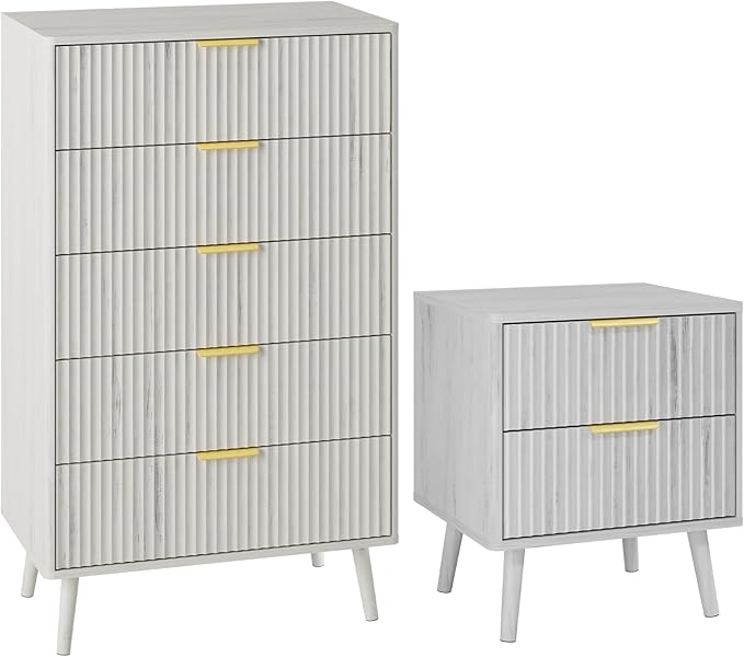 LYNSOM Fluted Dresser and Nightstand Sets 2 Piece, 2-Drawer Nightstands and 5-Drawers Dresser, Wood Bedroom Furniture Set for Home, Bedroom, Hallway, White