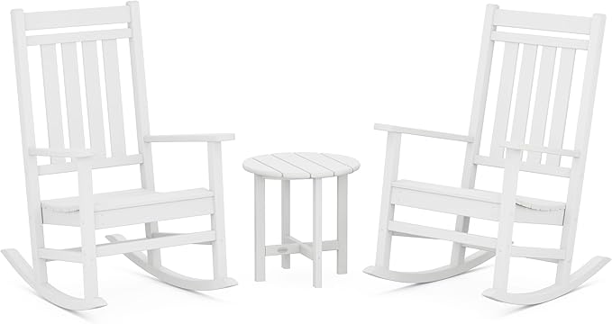 POLYWOOD Estate 3-Piece Rocking Chair Set, Outdoor Porch Rockers with Side Table, All-Weather HDPE Patio Furniture for Deck, Garden, Backyard, White