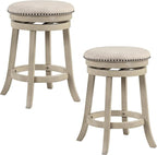 COSTWAY 360° Swivel Bar Stools Set of 2, 26.5-inch Height Upholstered Round Barstools with Wooden Frame, Seat and Footrest, Backless Solid Wood Counter Stools for Kitchen Island Bistro Pub, Beige