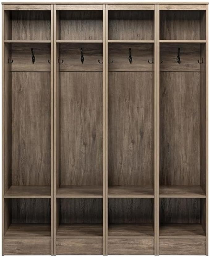 Prepac Narrow Coat Rack Freestanding Hall Tree with 3 Hooks, Entryway Furniture for Coat & Shoe Storage, Entryway Organization with Adjustable Shelf, 14.75"W x 72.5"H x 15.5"D, Set of 4, Drifted Gray