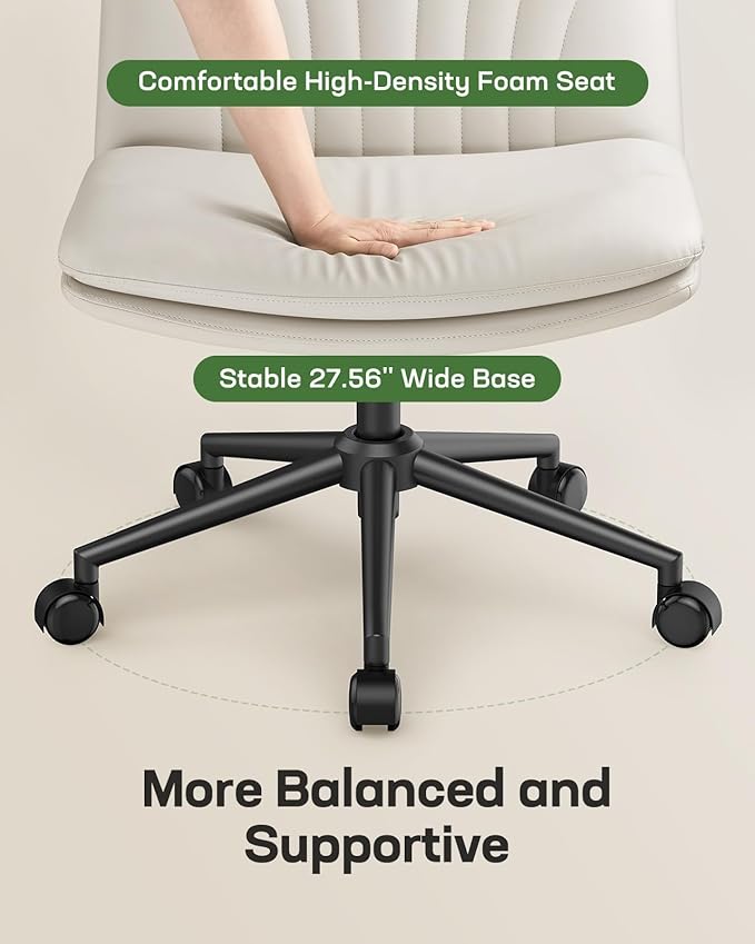 Marsail Armless-Office Desk Chair with Wheels: PU Leather Cross Legged Wide Chair,Comfortable Adjustable Swivel Computer Task Chairs for Home,Office,Make Up,Small Space,Bed Room, Gray Beige