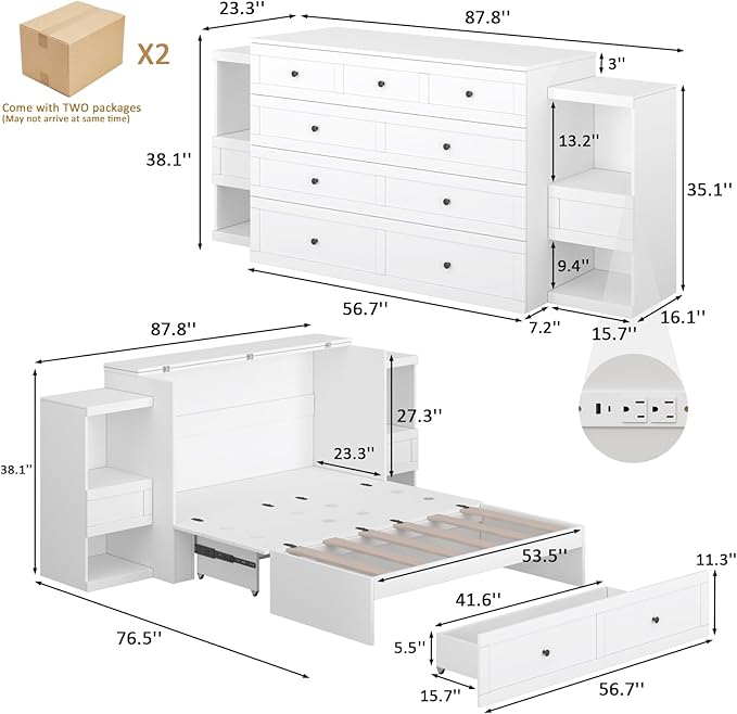 Full Size Murphy Bed with Bedside Tables,Full Size Foldable Cabinet Bed Frame with Charging Station & Drawer,Murphy Bed Chest with Adjustable LED Light for Bedroom,Guest Room,White