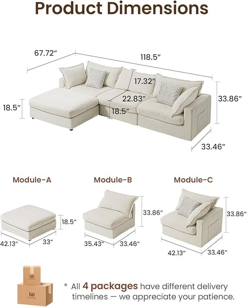 118.5" Down Filled Cloud Couch, Chenille Modular Sectional Sofa with Storage Ottoman, 3-Seater L Shape Sofa with Throw Pillows, Mordern Sectional Couches for Living Room, Beige