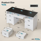 Bestier 59” Computer Desk with 4 Drawers, Office Desk with Storage, Modern Executive Desk with Charging Station, Keyboard Tray & Wooden Pedestals on Both Sides for Home Office & Studio, White