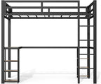 Full Size Loft Bed with Desk & Open Shelves, Heavy Duty Metal Bed Frame with Safety Guardrails & Ladder, Loft Beds with Vintage Wood Finish L-Shaped Desk, Black