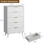 CARPETNAL Fluted 5 Drawers Dresser for Bedroom, 45" Tall Wooden Chest of Drawers with Rounded Corners, Gold Handles, Modern Storage Organizer for Bedroom, Hallway (White)
