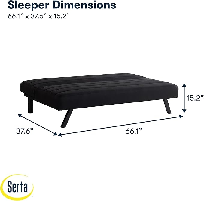 Serta® Damien 66.1" Convertible Futon Sofa, Dreamcoil® Comfort, FingerGuard® Pinch Point Protection, Woven Polyester Fabric, Black