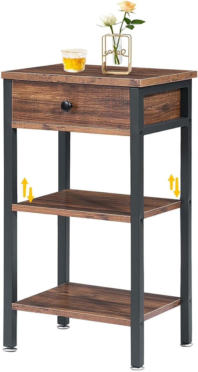 VECELO Tall End Side Table,Nightstand with Adjustable Shelf and Bin Drawer for Living Room/Bedroom/Entryway Small Spaces