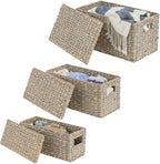mDesign Woven Water Hyacinth Rectangle Storage Organizer Basket Bin with Topper Lid and Handles - Natural Farmhouse Holder Containers for Closet, Bedroom, Bathroom, Office - Set of 3 - Gray