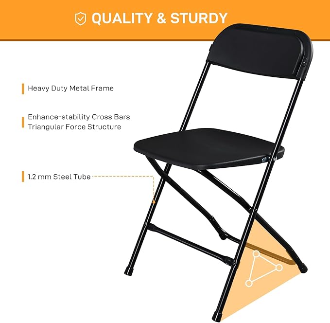 50 Pack Black Plastic Folding Chairs, Portable Party Chairs, Stackable Commercial Seats with Steel Frame for Home Office Wedding Party Indoor Outdoor Events Chairs, 350lbs Capacity