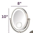 JERDON Two-Sided Wall-Mounted Makeup Mirror with Lights - Lighted Makeup Mirror with 10X Magnification & Wall-Mount Arm - Oval Mirror with Nickel Finish Wall Mount - Direct Wire - Model HL9515NLD