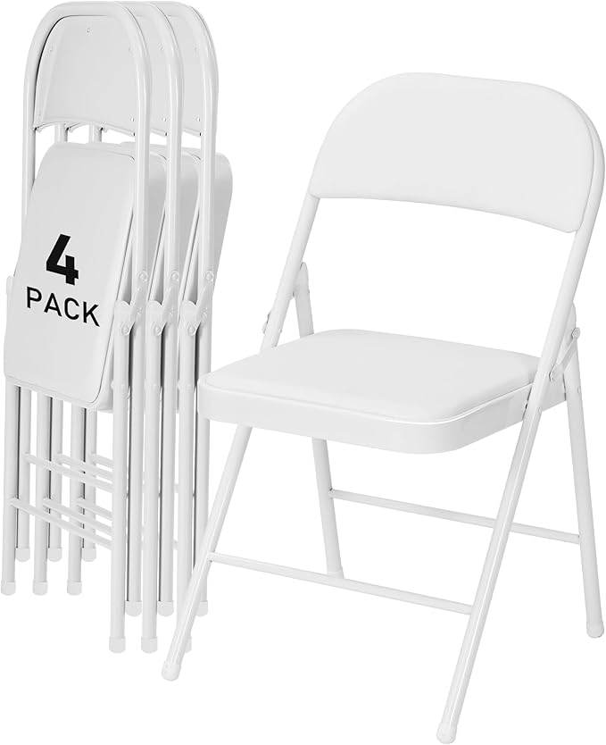 SEALAMB 4 Pack White Folding Chairs with Padded Seats & Cushion, Durable Metal Foldable Chairs for Wedding Party, Commercial Chairs for Office School Church Events, 330lb Capacity (White-PU, 4 Pack)