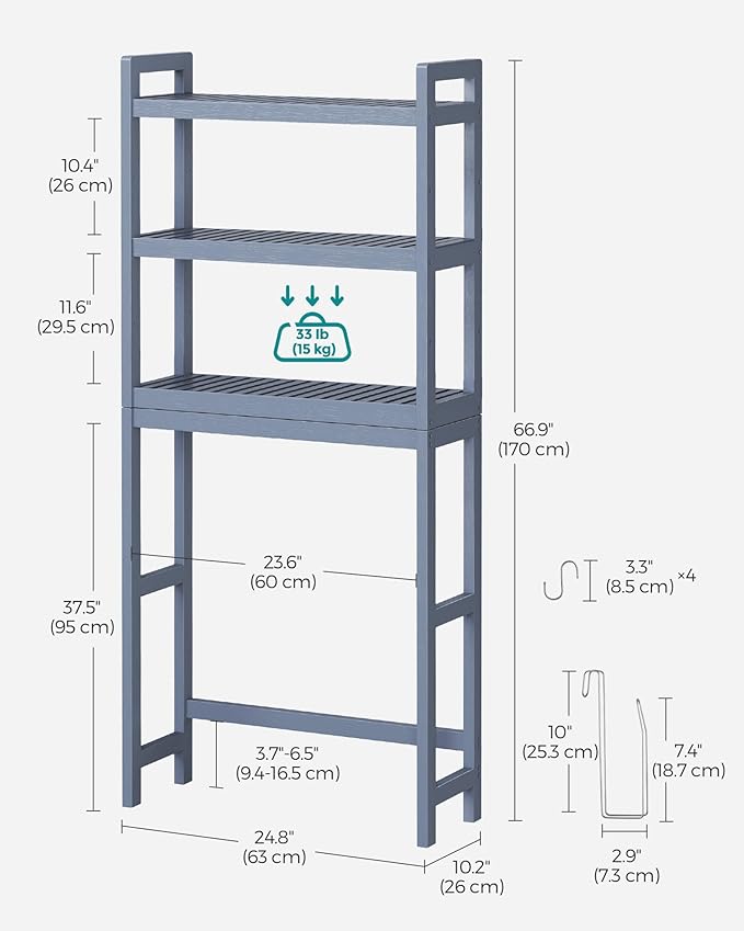 SONGMICS Over The Toilet Storage, 3-Tier Over Toilet Bathroom Organizer with Adjustable Shelf, 10.2 x 24.8 x 66.9 Inches, Space-Saving, Gray UBTS001G01