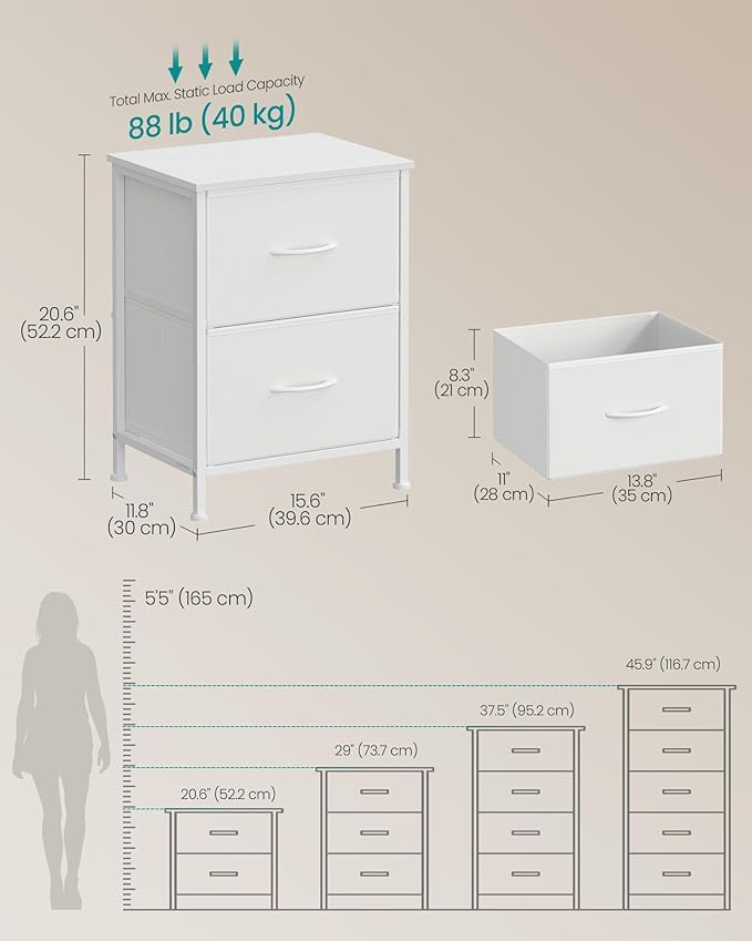SONGMICS Dresser for Bedroom, Chest of Drawers, Nightstand, Steel, MDF, 2 Non-Woven Fabric Drawers, Storage Organizer Unit, Closet, Entryway, Cloud White and Snow White ULGS312W01S