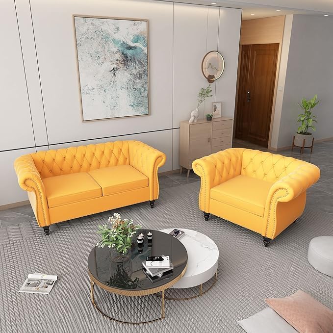 Living Room Chair, Modern Velvet Chesterfield Sofa Chair, Mid Century Single Sofa Couch Chair with Tufted Back and Rolled Arms, Accent Sofa Chair for Living Room Apartment, Yellow