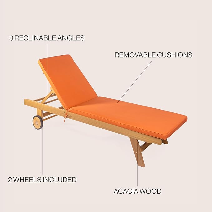 JONATHAN Y LNG1000C Mallorca 77.56"x23.62" Modern Classic Adjustable Acacia Wood Chaise Outdoor Lounge Chair with Cushion & Wheels Coastal, Bohemian, Minimalist, Traditional, Orange/Natural