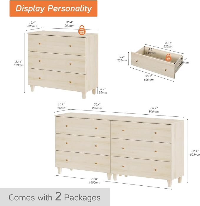 WAMPAT 6-Drawer Kids Dresser for Bedroom, 2-in-1 Modern Large Chest of Drawers with Gold Knobs, 71 Inch Wide Light Oak Wood Children Dresser for Baby Room, Nursery