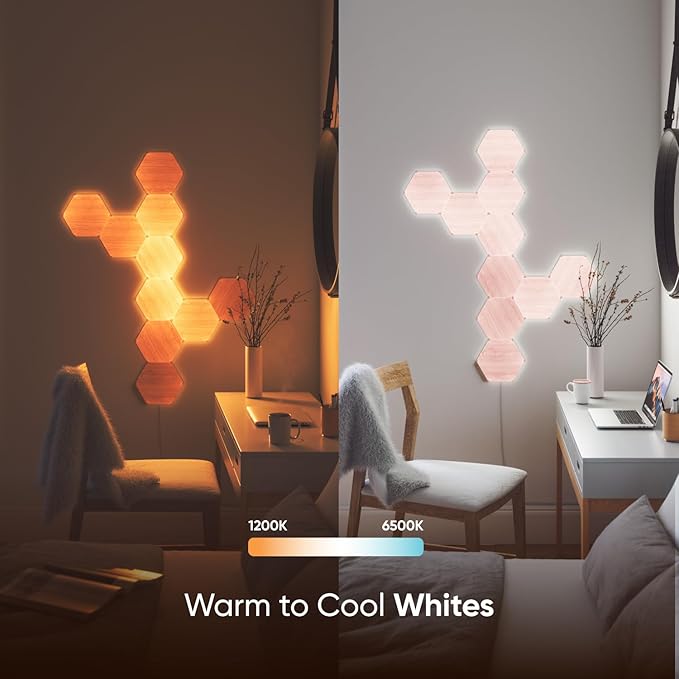 Nanoleaf Elements Wood Look Smart Wall Lights, Hexagon LED Wall Lights work with Alexa Google Assistant, Home Wall Decor for Living Room with Music Sync, Touch Control, Ambient Lighting, 7 PK