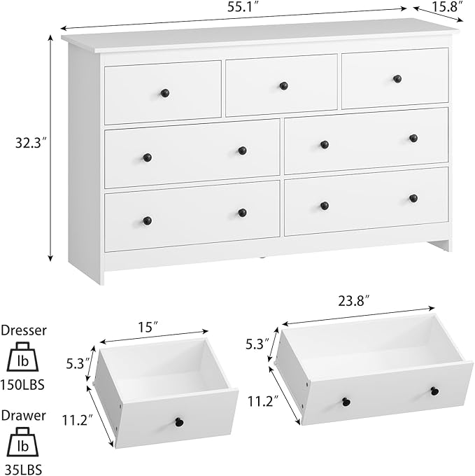 White Dresser for Bedroom, 7 Drawer Dresser with Metal Handles, 55 Inch Wide Wood Chest for Living Room, Hallway