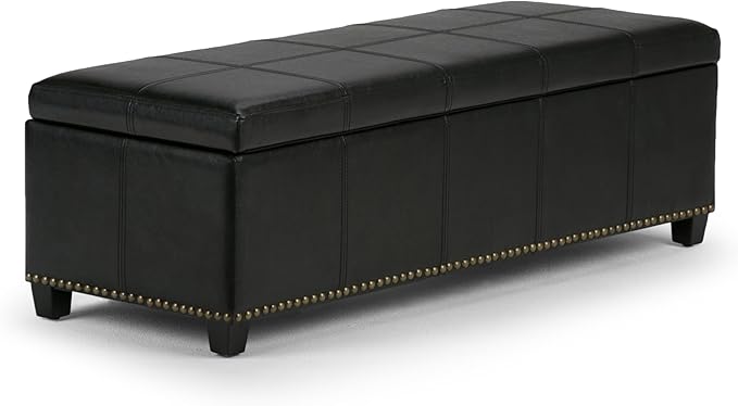 SIMPLIHOME Kingsley 48 inch Wide Transitional Rectangle Large Storage Ottoman in Midnight Black Vegan Faux Leather, Assembled, For the Living Room, Entryway and Family Room