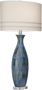 Possini Euro Design Annette Modern Style 3-Way Table Lamp with Table Top Dimmer 38" Tall Blue Drip Ceramic Off White Fabric Oval Shade Decor for Living Room Bedroom House Bedside Home