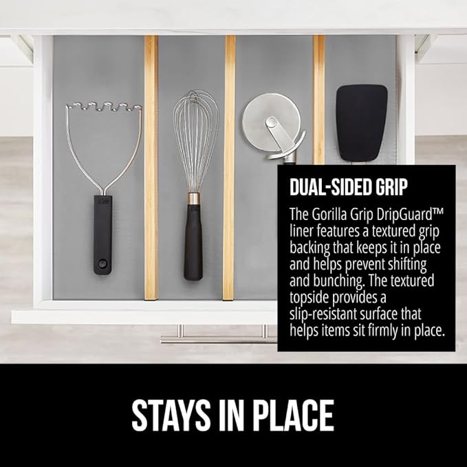GORILLA GRIP DripGuard Shelf Liner, Non Adhesive Drawer and Kitchen Cabinet Protector, Slip Resistant BPA Free Smooth Surface Plastic Liners for Cabinets, Bathrooms, Closets, 12x240 Inch, Light Gray