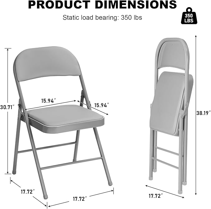 4 Pack Gray Folding Chairs with Padded Cushion for Outside, Portable Stackable Commercial Metal Foldable Chairs with Steel Frame for Home Events Office Wedding Party, 350lbs Capacity