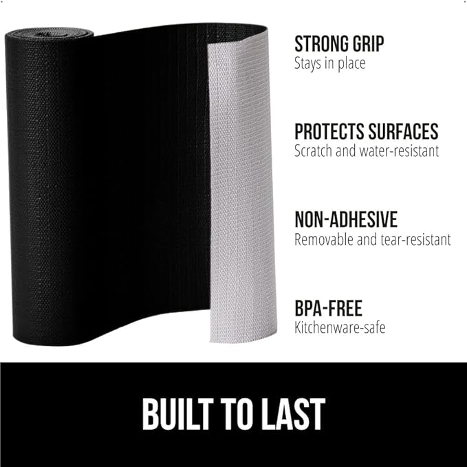 GORILLA GRIP Slip Resistant Drawer and Shelf Liner 2 Pack, Non Adhesive Water Resistant, Easy Clean and Trim, Smooth Surface Liners for Kitchen Cabinet, Shelves, Drawers, Pantry, 12 in x 20 FT, Black