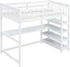Twin Size Loft Bed with Storage Shelves and Under-Bed Desk,Bedroom Multifunctional Bed Frame w/Solid Wood Slat Support & Full-Length Guardrail,for Adult Boy Girl Teen,White