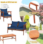 COSTWAY 4 Pieces Acacia Wood Patio Conversation Set, Outdoor Wicker Sofa with Coffee Table & Cushions, Patio Rattan Furniture Set for Yard, Porch, Poolside, Balcony, Backyard, Navy