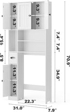 Ahomly Over The Toilet Storage Cabinet with Adjustable Shelves and Five Doors, Over Toilet Bathroom Organizer, Above Toilet Storage Cabinet with Open Shelves for Bathroom, Restroom, Laundry, White