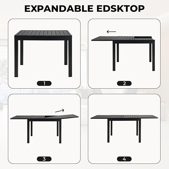 Grand patio 5-Piece Outdoor Dining Set for 4 with 1 Rectangle Expandable Table for 4-6 Person, Metal Woven Wicker Fixed Patio Chairs with Thickened Cushions for Yard, Poolside (Black)