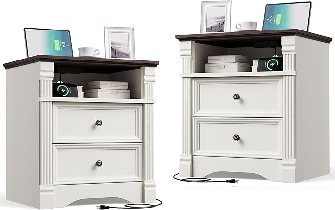 Yaamizz Farmhouse Nightstands Set of 2 with Charging Station, Table with Drawer and Storage Shelf, Wood Pilasters and Metal Handles, Vintage Design, Organizer for Bedroom, Hallway, White