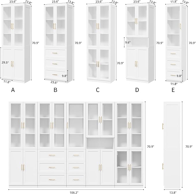 VOWNER Bookcase with Glass Doors & Drawers, 5 Tier Bookshelf with Adjustable Shelf, Modern Large Storage Display Cabinet Set for Home Office, Living Room, White (CDDC)