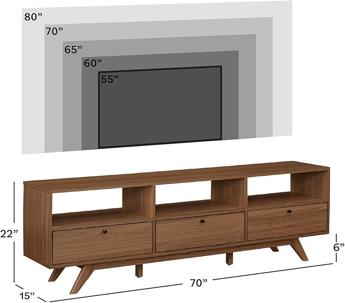 Walker Edison Kimi Mid Century Modern Minimalist Drop-Down Door Stand for TVs up to 85 Inches, 70 Inch, Mocha