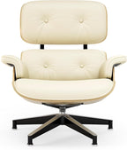 Top Cream White Grain Leather, Mid Century Chaise Lounge Chair and Ottoman, Modern Chair Classic Design, Ash Wood, Heavy Duty Base Support for Living Room Office