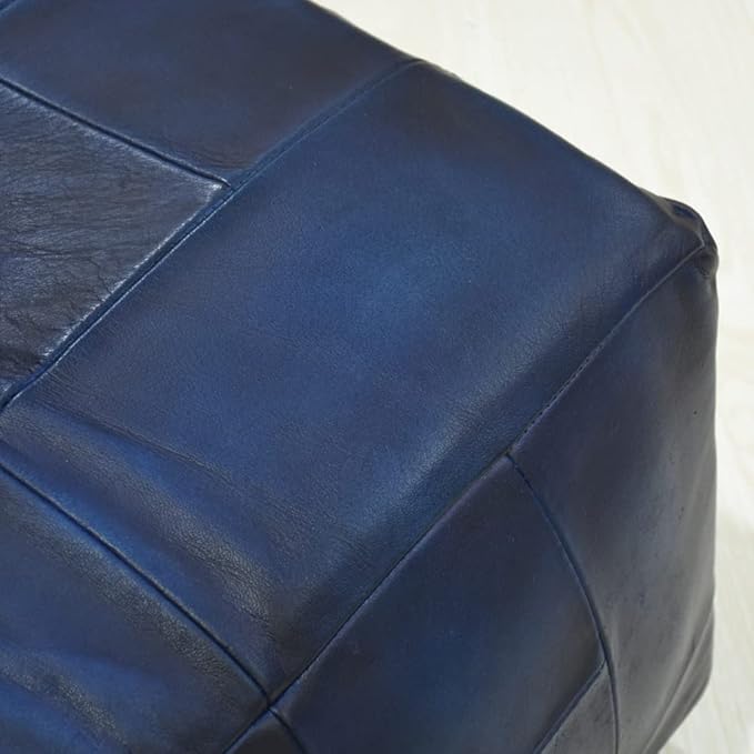 Handmade Eco-Friendly Geometric Leather Pouf Vintage Blue Color Square 21" x 21" x 12" Buffalo Leather Pouf for Living Room, Bedroom Seating, Patio