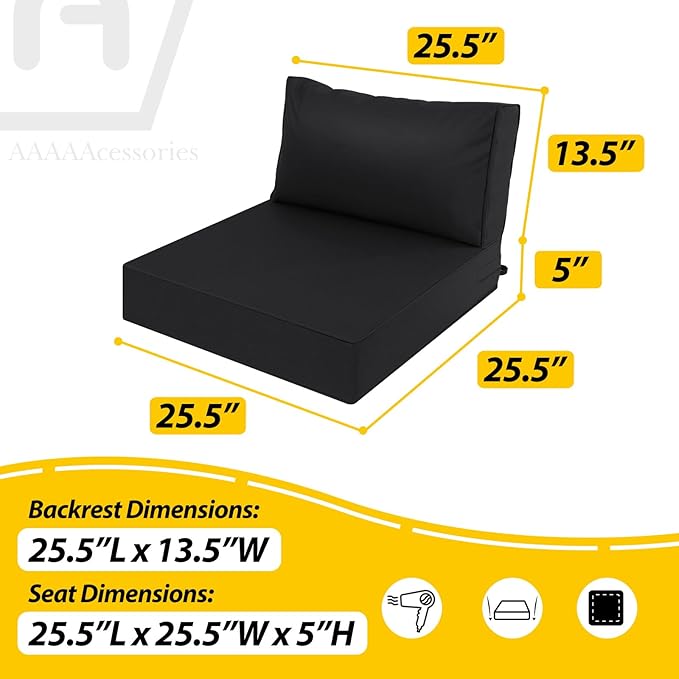 AAAAAcessories Outdoor Deep Seat Cushions, Waterproof, Fade-Resistant Patio Furniture Replacement Cushions, 25.5" x 25.5" x 5" + 25.5" x 13.5", Black