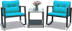 COSTWAY 3 Pieces Patio Rattan Rocking Chair Set, Outdoor Conversation Furniture Sets with Coffee Table, Storage Shelf and Cushions, Modern Bistro Set for Porch, Backyard, Garden, Turquoise