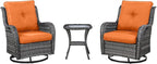 HUMMUH 3-Piece Swivel Rocking Rattan Chair Outdoor, Patio Bistro Furniture Conversation Set, Cushioned Wicker Chair with Glass Coffee Table(Grey, Orange)