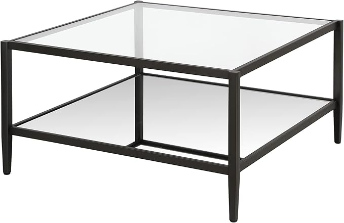 Henn&Hart 32" Wide Square Coffee Table with Mirror Shelf in Blackened Bronze, Modern coffee tables for living room, studio apartment essentials