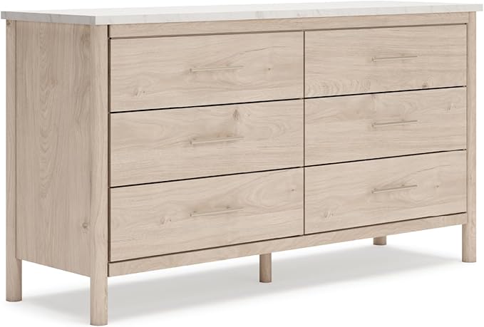 Signature Design by Ashley Cadmori Casual Bohemian Dresser with Post Legs and 6 Drawers, Replicated Marble Top, Wood, 35" High, White and Light Brown Finish