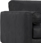 SIMPLIHOME Morrison Accent Chair - 43 inch Wide Upholstered Top Grain Genuine Leather Mid-Century Modern Arm Chair with Solid Wood Frame in Lead Black, for Living Room with 2 Bolster Pillows