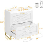 File Cabinet 2 Drawers Lateral File Cabinet with Charging Station for Letter/Legal/A4 Size Hanging Files, Large Wood File Storage Cabinets Printer Stand for Home Office, White and Gold
