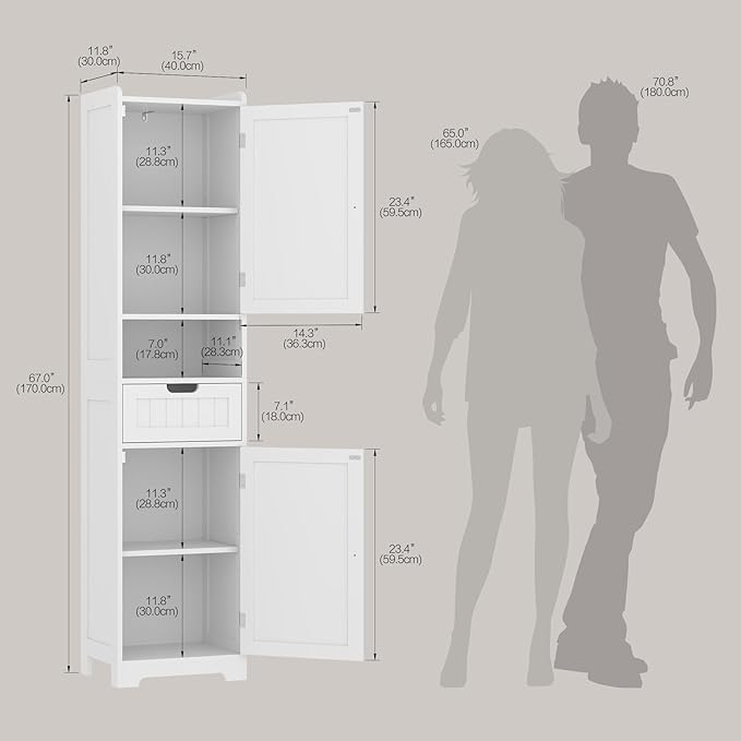 Tall Bathroom Storage Cabinet, 67" Narrow Storage Cabinet with Adjustable Shelves 2 Doors and 1 Drawers Modern Cabinet for Bathroom, Entryway, Living Room, Kitchen (White)