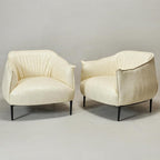 KINWELL 33" W Faux Leather Barrel Chairs Set of 2 with Hand-Tufted Pleated Back Flared Arms, Modern PU Upholstered Accent Chairs with Metal Legs, Large Armchairs Lounge Chairs for Living Room, Cream