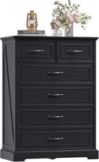 6 Drawer Dresser for Bedroom, 43" Tall Wooden Chest of Drawers, Rustic Farmhouse Dresser with Large Drawers & Metal Handles, Modern Storage Organizer for Closet, Living Room, Hallway, Black